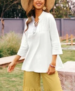 Flash Sale 👏 CELLABIE White Embroidered-Front Tie-Accent Notch Neck Tunic - 👩 Women 😉