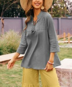 Flash Sale ❤️ CELLABIE Gray Embroidered-Front Tie-Accent Notch Neck Tunic - 👩 Women ✔️