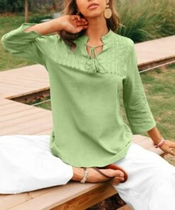 Coupon ✨ CELLABIE Green Embroidered-Front Tie-Accent Notch Neck Tunic - 👩 Women ⌛ -CELLABIE shop zu94114001 alt 3 tm1615667825