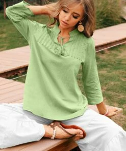 Coupon ✨ CELLABIE Green Embroidered-Front Tie-Accent Notch Neck Tunic - 👩 Women ⌛ -CELLABIE shop zu94114001 alt 4 tm1615667825