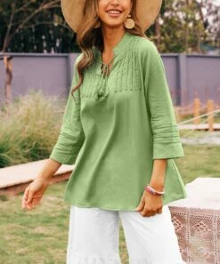 Coupon ✨ CELLABIE Green Embroidered-Front Tie-Accent Notch Neck Tunic - 👩 Women ⌛