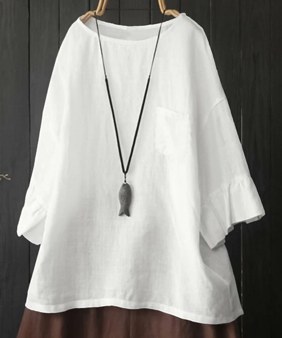 Outlet 💯 CELLABIE White Wide-Sleeve Tunic - 👩 Women 👍 3 Outlet 💯 CELLABIE White Wide-Sleeve Tunic - 👩 Women 👍