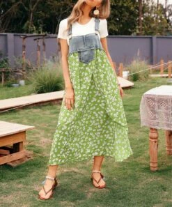Discount 🤩 CELLABIE Green Floral & Denim Suspender Maxi 👗 Dress - 👩 Women ⌛ -CELLABIE shop zu94197024 alt 1 tm1616009113
