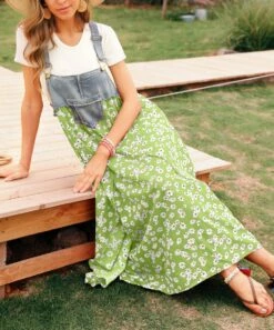 Discount 🤩 CELLABIE Green Floral & Denim Suspender Maxi 👗 Dress - 👩 Women ⌛ -CELLABIE shop zu94197024 alt 2 tm1616009113
