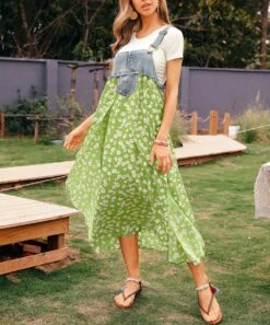 Discount 🤩 CELLABIE Green Floral & Denim Suspender Maxi 👗 Dress - 👩 Women ⌛ -CELLABIE shop zu94197024 alt 3 tm1616009113