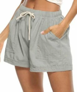 Budget 🎁 CELLABIE Gray & Tan Drawstring-Waist Pocket Linen-Blend Shorts - 👩 Women 🥰 -CELLABIE shop zu94317655 alt 2 tm1616524863