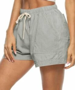 Budget 🎁 CELLABIE Gray & Tan Drawstring-Waist Pocket Linen-Blend Shorts - 👩 Women 🥰 -CELLABIE shop zu94317655 alt 3 tm1616524863