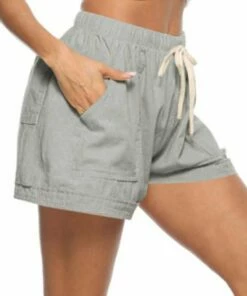 Budget 🎁 CELLABIE Gray & Tan Drawstring-Waist Pocket Linen-Blend Shorts - 👩 Women 🥰