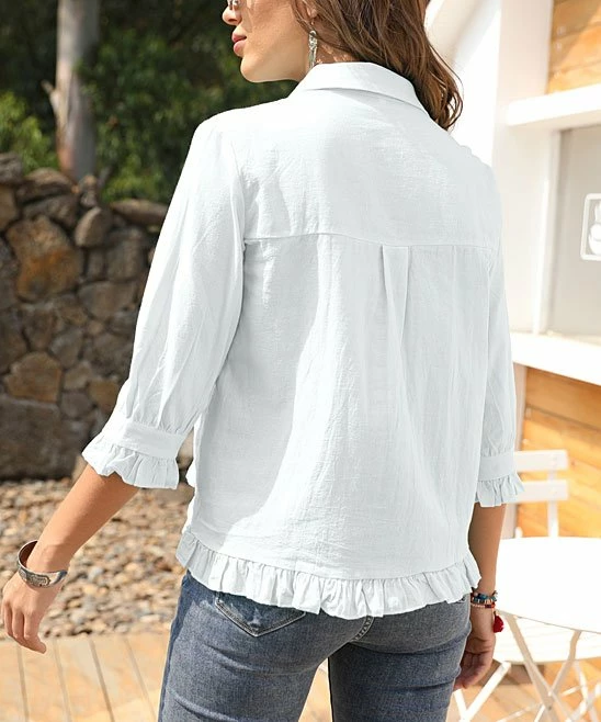 Buy ๐ CELLABIE White Ruffle-Trim Button-Up - ๐ฉ Women ๐ 5 Buy ๐ CELLABIE White Ruffle-Trim Button-Up - ๐ฉ Women ๐ - Image 3
