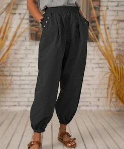 New 🤩 CELLABIE Black Button-Accent Side-Pocket Harem Pants - 👩 Women ✨
