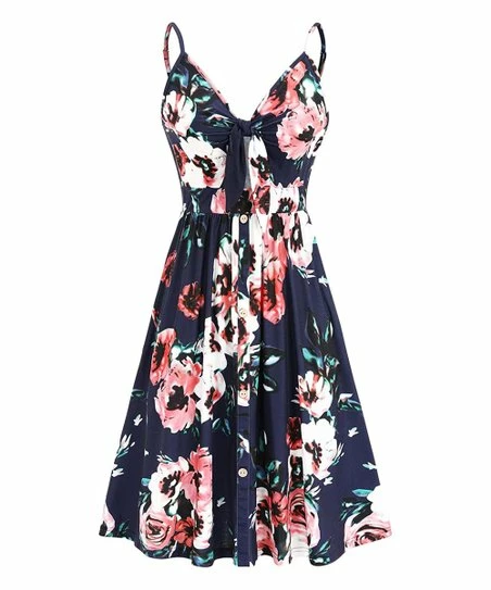 Outlet 🎁 CELLABIE Blue Floral Sleeveless Tie-Front A-Line 👗 Dress - 👩 Women 🔥 3 Outlet 🎁 CELLABIE Blue Floral Sleeveless Tie-Front A-Line 👗 Dress - 👩 Women 🔥