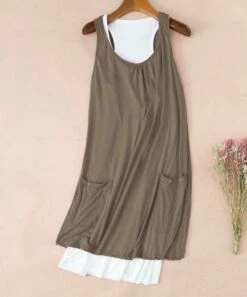 Coupon 🧨 CELLABIE Khaki & White Pocket Layered Sleeveless 👗 Dress - 👩 Women 😉