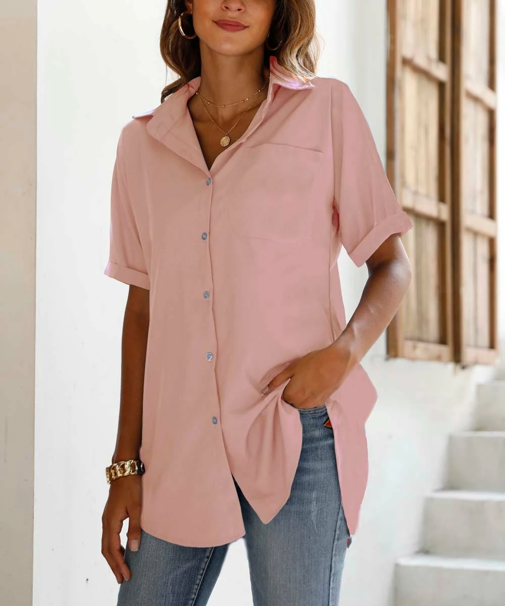 Discount 🎁 CELLABIE Pink Cuff-Sleeve Pocket Button-Up - 👩 Women 😍 3 Discount 🎁 CELLABIE Pink Cuff-Sleeve Pocket Button-Up - 👩 Women 😍
