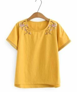 New ❤️ CELLABIE Yellow Floral-Embroidered Scoop Neck Top - 👩 Women 🛒