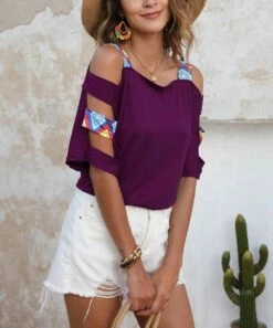 Discount 👏 CELLABIE Purple Geometric-Accent Cutout-Sleeve Dolman Top - 👩 Women 🔔
