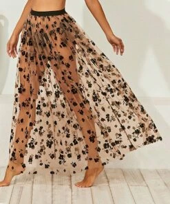 Hot Sale 🔔 CELLABIE Beige & Black Sheer Lace Floral Maxi 👗 Skirt - 👩 Women 🔔