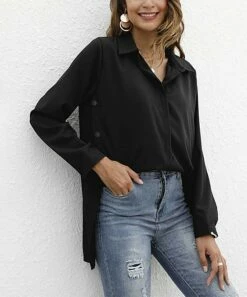 Buy 😉 CELLABIE Black Hi-Low Button-Up Top - 👩 Women 🔥 -CELLABIE shop zu97591907 alt 3 tm1626442719