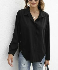 Buy 😉 CELLABIE Black Hi-Low Button-Up Top - 👩 Women 🔥 -CELLABIE shop zu97591907 alt 4 tm1626442719