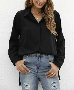 Buy 😉 CELLABIE Black Hi-Low Button-Up Top - 👩 Women 🔥