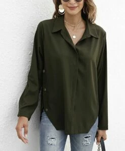 Best Sale 👏 CELLABIE Army Green Hi-Low Button-Up Top - 👩 Women ⌛ -CELLABIE shop zu97599458 alt 3 tm1626442719