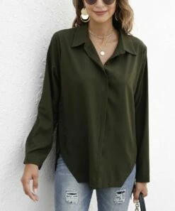 Best Sale 👏 CELLABIE Army Green Hi-Low Button-Up Top - 👩 Women ⌛ -CELLABIE shop zu97599458 alt 4 tm1626210489