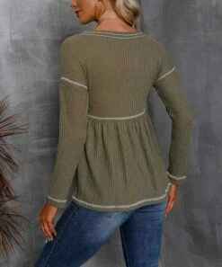 New 😉 CELLABIE Green Contrast-Stitch Waffle-Knit Empire-Waist Top - 👩 Women 😉 -CELLABIE shop zu98365260 alt 2 tm1628280290