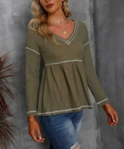 New 😉 CELLABIE Green Contrast-Stitch Waffle-Knit Empire-Waist Top - 👩 Women 😉 -CELLABIE shop zu98365260 alt 3 tm1628280290