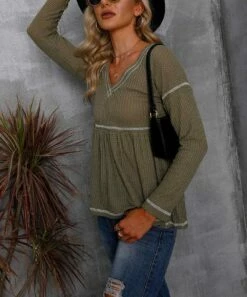 New 😉 CELLABIE Green Contrast-Stitch Waffle-Knit Empire-Waist Top - 👩 Women 😉