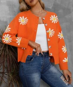Best Pirce 🔔 CELLABIE Orange & White Daisy Button-Up Cardigan - 👩 Women ✔️