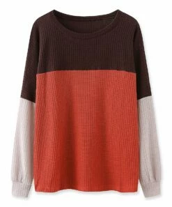 Flash Sale 👏 CELLABIE Red & Brown Color Block Waffle-Knit Bishop-Sleeve Scoop Neck Top - 👩 Women 🔥