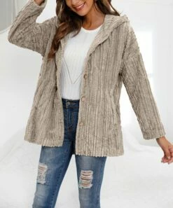 Best reviews of 😍 CELLABIE Khaki Fuzzy Hooded Cardigan - 👩 Women 🔥
