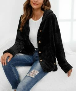 Hot Sale 🔥 CELLABIE Black Faux Fur Hooded Cardigan - 👩 Women 💯
