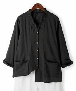 Discount 😉 CELLABIE Black Ruffle-Trim Pocket Button-Up Top - 👩 Women 🤩