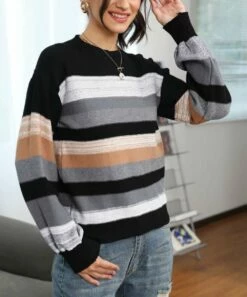 Best Pirce 🧨 CELLABIE Gray & Black Stripe Long-Sleeve Sweater - 👩 Women 🔥 -CELLABIE shop zu98879569 alt 4 tm1629736597