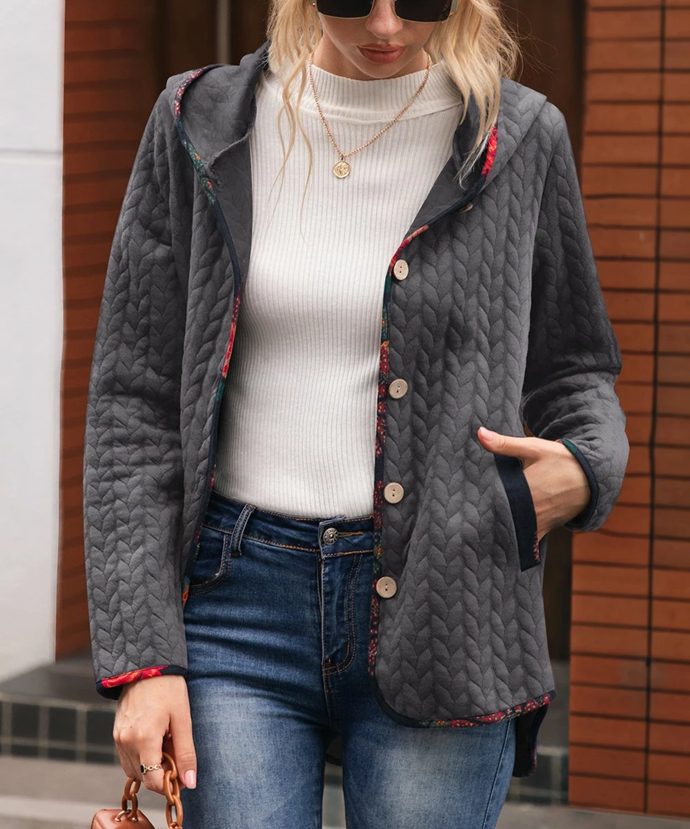 Wholesale 🎉 CELLABIE Gray Cable-Knit Contrast-Trim Hooded Button-Front Jacket - 👩 Women 🤩 4 Wholesale 🎉 CELLABIE Gray Cable-Knit Contrast-Trim Hooded Button-Front Jacket - 👩 Women 🤩 - Image 2
