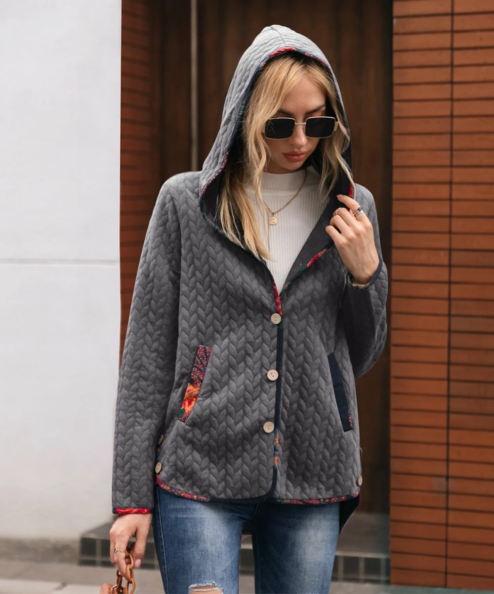 Wholesale 🎉 CELLABIE Gray Cable-Knit Contrast-Trim Hooded Button-Front Jacket - 👩 Women 🤩 6 Wholesale 🎉 CELLABIE Gray Cable-Knit Contrast-Trim Hooded Button-Front Jacket - 👩 Women 🤩 - Image 4