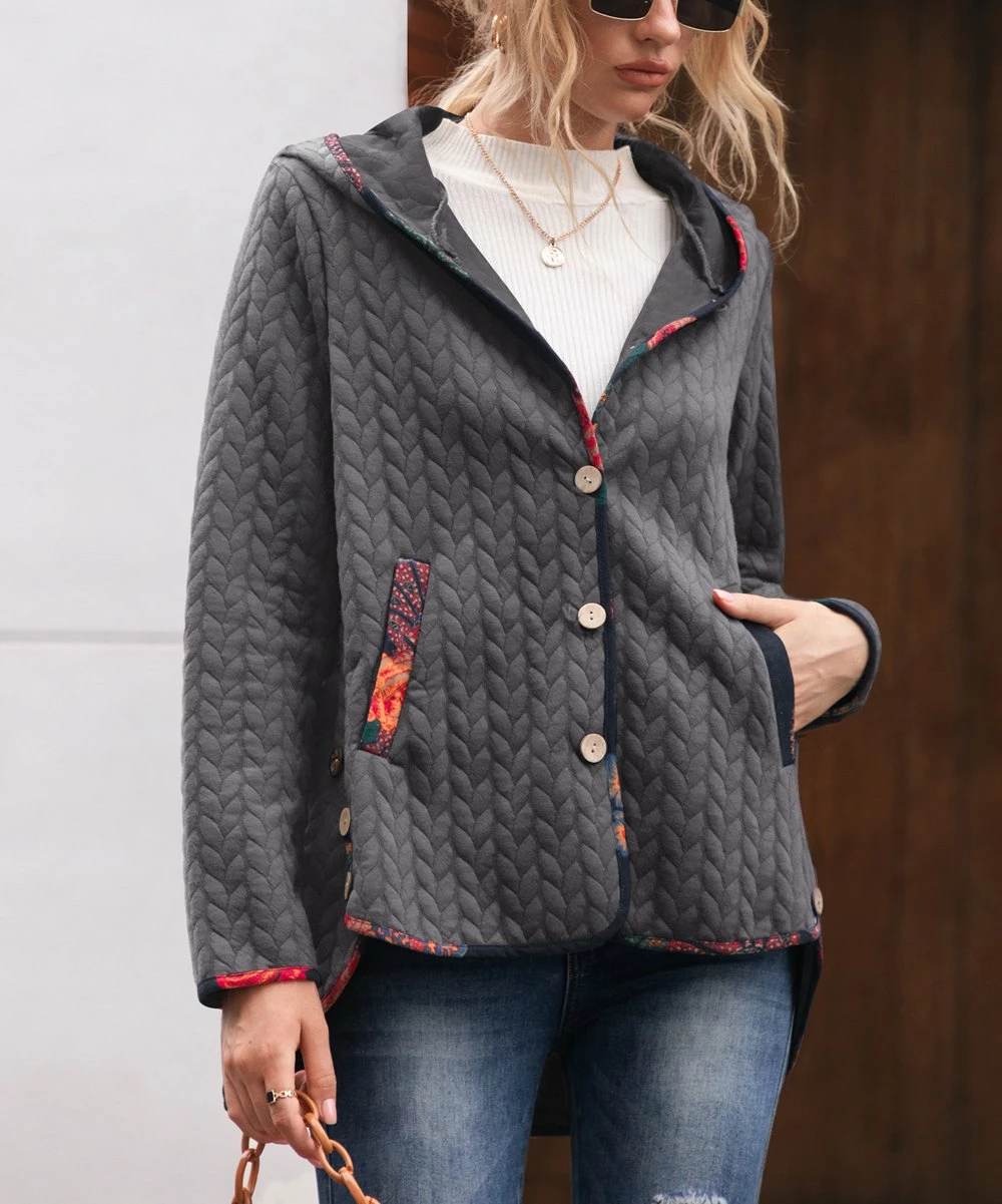 Wholesale 🎉 CELLABIE Gray Cable-Knit Contrast-Trim Hooded Button-Front Jacket - 👩 Women 🤩 3 Wholesale 🎉 CELLABIE Gray Cable-Knit Contrast-Trim Hooded Button-Front Jacket - 👩 Women 🤩