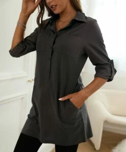 Budget 👍 CELLABIE Black Pocket Button-Front Tunic - 👩 Women ⌛ -CELLABIE shop zu99559989 alt 4 tm1631655714