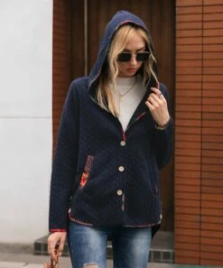 Budget 🌟 CELLABIE Navy Cable-Knit Contrast-Trim Hooded Button-Front Jacket - 👩 Women 🛒 -CELLABIE shop zu99566028 alt 2 tm1631561396