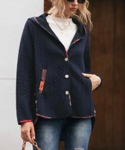 Budget 🌟 CELLABIE Navy Cable-Knit Contrast-Trim Hooded Button-Front Jacket - 👩 Women 🛒 -CELLABIE shop zu99566028 alt 3 tm1631561396