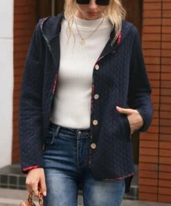 Budget 🌟 CELLABIE Navy Cable-Knit Contrast-Trim Hooded Button-Front Jacket - 👩 Women 🛒