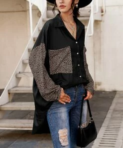 Coupon ✔️ CELLABIE Black & Taupe Leopard Pocket Hi-Low Button-Up Top - 👩 Women ⭐ -CELLABIE shop zu99719148 alt 2 tm1632142830