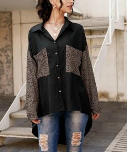 Coupon ✔️ CELLABIE Black & Taupe Leopard Pocket Hi-Low Button-Up Top - 👩 Women ⭐ -CELLABIE shop zu99719148 alt 3 tm1632142830