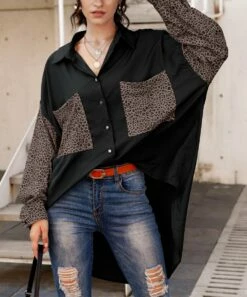 Coupon ✔️ CELLABIE Black & Taupe Leopard Pocket Hi-Low Button-Up Top - 👩 Women ⭐
