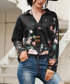 Cheap 🔥 CELLABIE Black & Pink Floral Bal-Collar Notch Neck Top - 👩 Women 🤩 -CELLABIE shop zu99719213 alt 2 tm1632142830