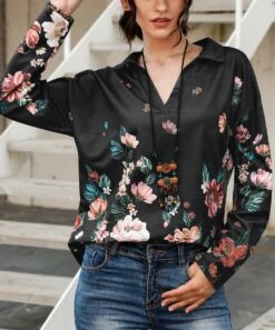 Cheap 🔥 CELLABIE Black & Pink Floral Bal-Collar Notch Neck Top - 👩 Women 🤩